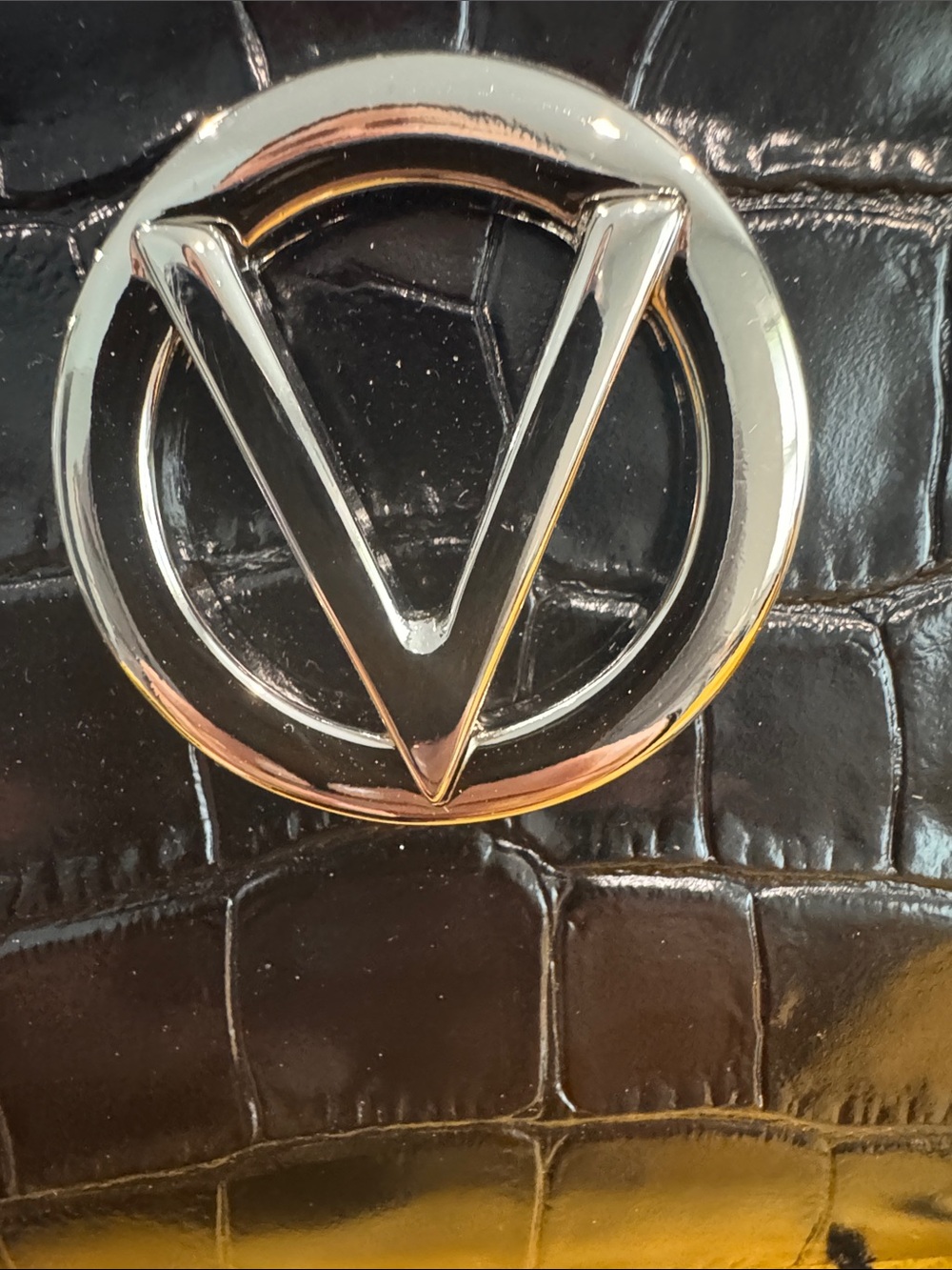Valentino Black Croc-Embossed Top-Handle Satchel with V Logo - Picture 5 of 6